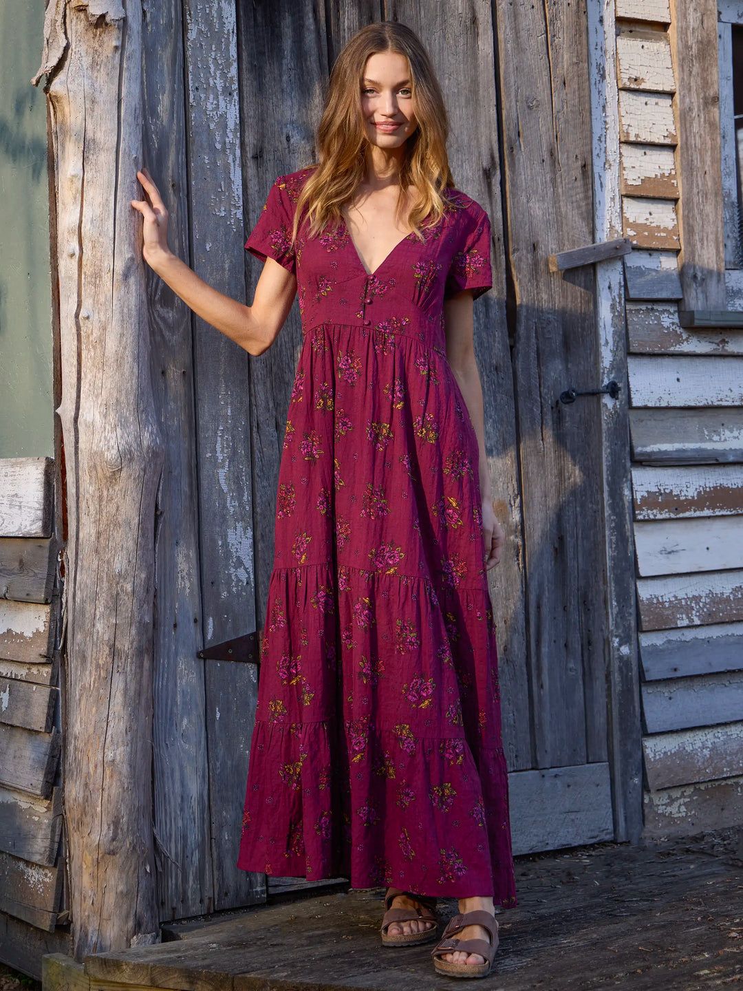 Burgundy Floral Print Tiered Maxi Dress: Wearability Burgundy Floral Print Tiered Maxi Dress: Wearability — Dresses for Tall Women