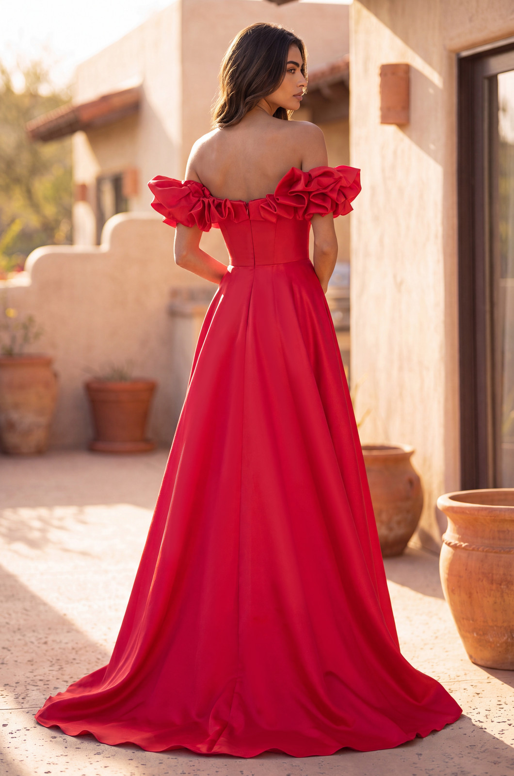 Dramatic Red Satin Off-the-Shoulder A-Line Gown — Homecoming Dresses