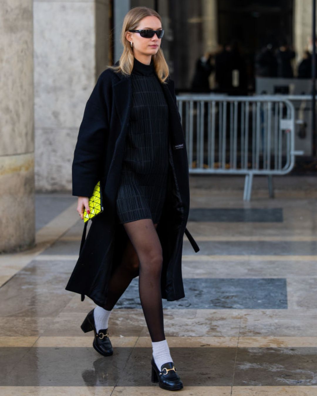 Chic Layering: Mini Dress, Long Coat, and Loafers with Socks Chic Layering: Mini Dress, Long Coat, and Loafers with Socks — Platform Loafers Outfits