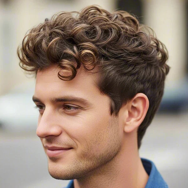 Brown With Caramel Highlights Visual Idea — Curly Hairstyles for Men