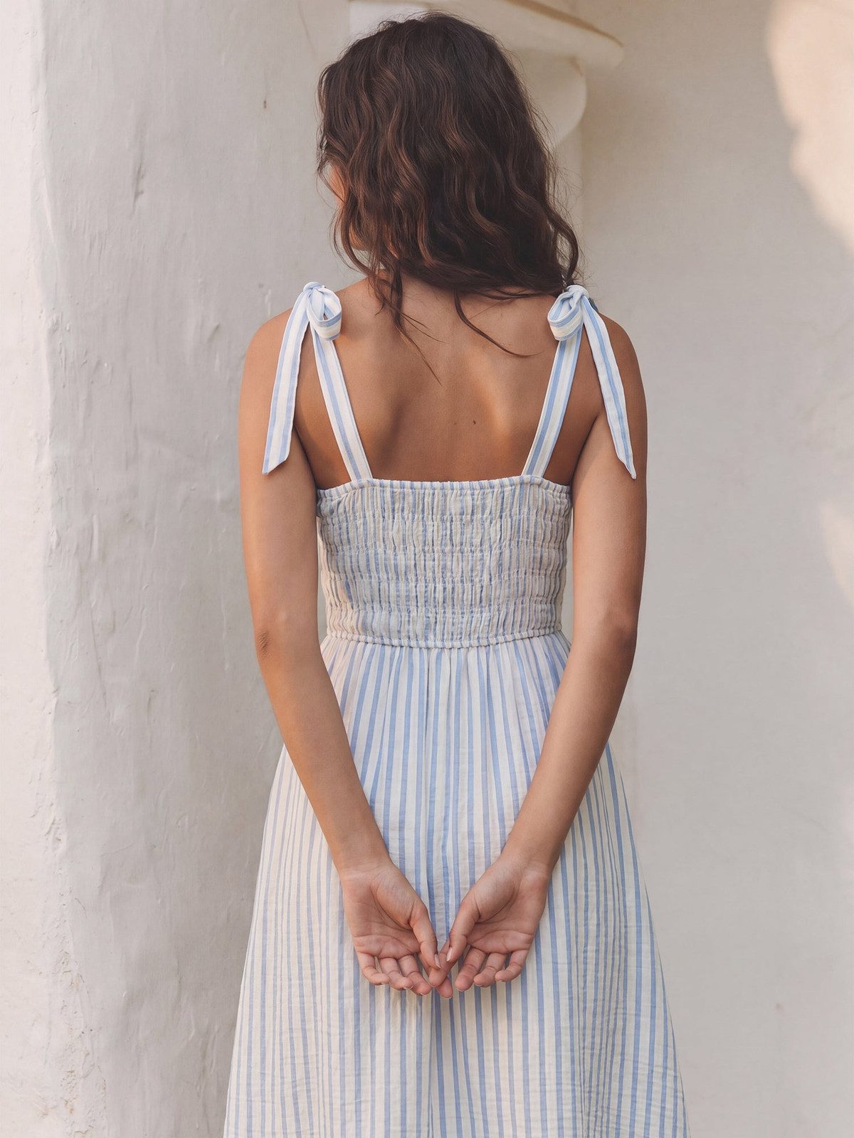 Blue and White Striped Maxi Dress with Tie Shoulders Blue and White Striped Maxi Dress with Tie Shoulders — Nap Dresses