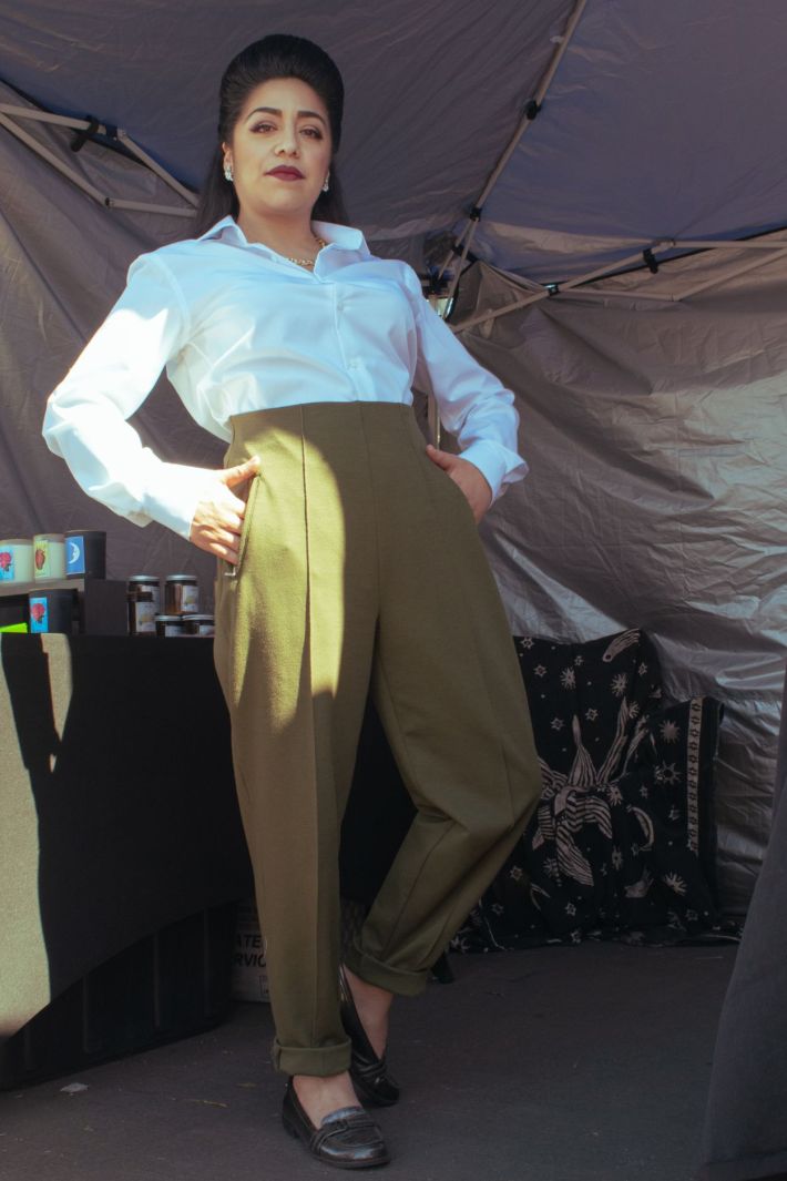 Classic Silhouette: White Button-Up with Olive Pleated Trousers Classic Silhouette: White Button-Up with Olive Pleated Trousers — Chola Outfits