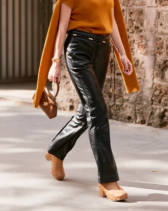 Leather Pants and Suede Clogs with a Bold Shawl — Clog Outfits