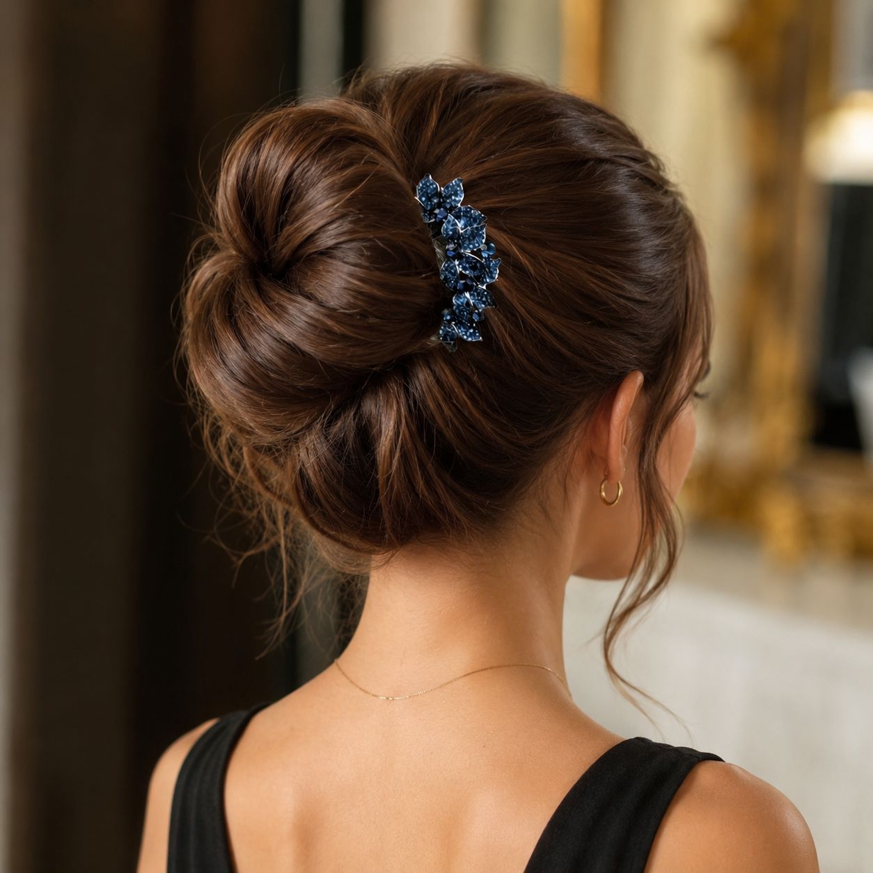 Thick Dark Brown Chignon with Barrette — Church Hairstyles