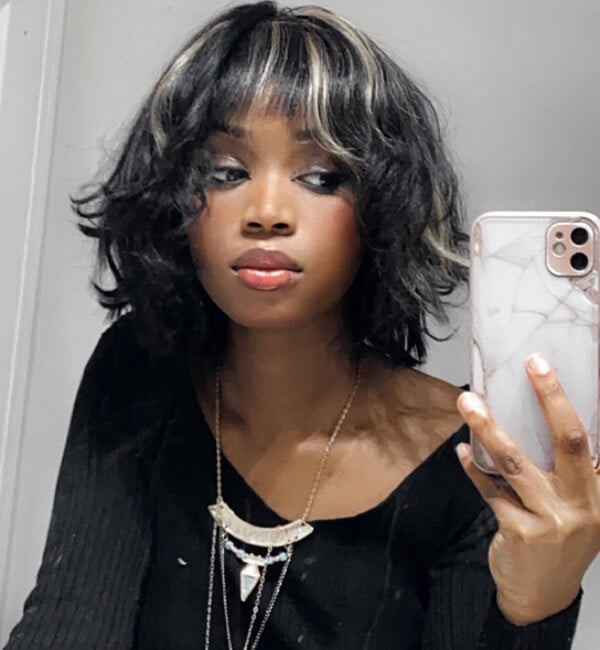 Black Base With Blonde Highlights Collarbone Layers With Wispy Bangs Black Base With Blonde Highlights Collarbone Layers With Wispy Bangs — Skunk Stripe Hair