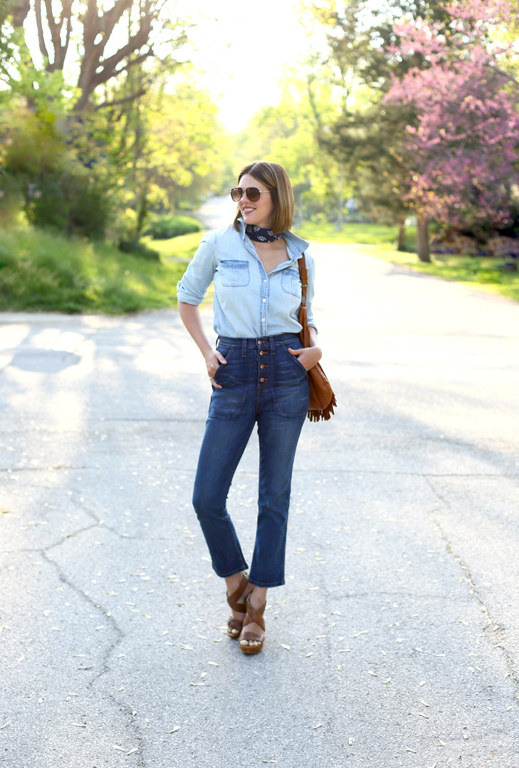 Dark Blue Bandana Neck Scarf with Denim Ensemble — Bandana Outfits
