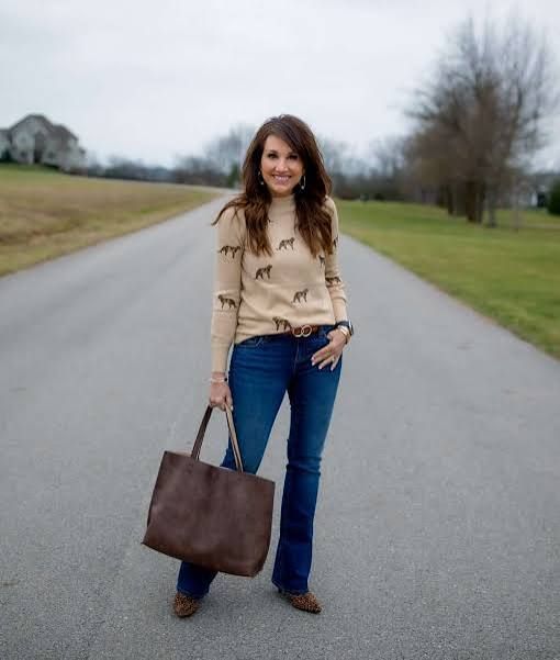 Printed Polish: Blue Bootcut Jeans with Animal Print Sweater and Leopard Flats Printed Polish: Blue Bootcut Jeans with Animal Print Sweater and Leopard Flats — Bootcut Jeans Outfits