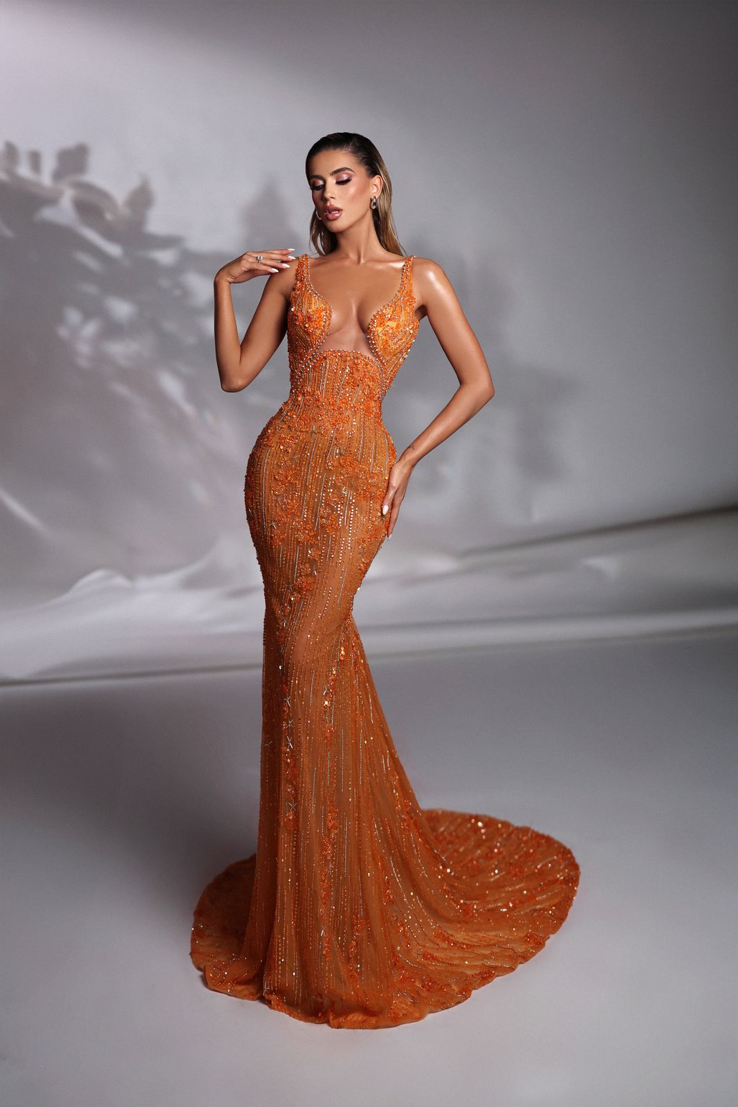 Vibrant Orange Sequined Mermaid Gown with Sheer Overlay Vibrant Orange Sequined Mermaid Gown with Sheer Overlay — Mermaid Dresses