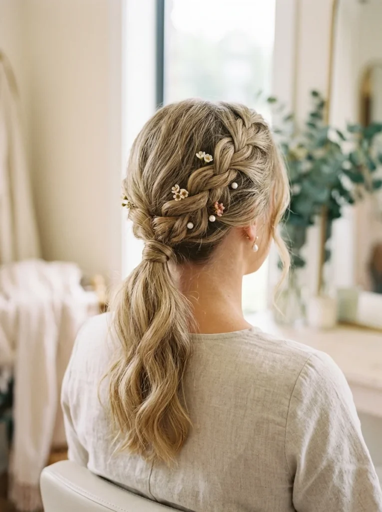 Braided Low Ponytail With Floral Accents