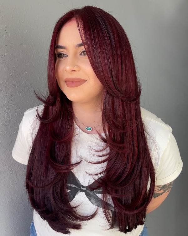 Vibrant Cherry Red Layered Blowout — Cherry Red Hair