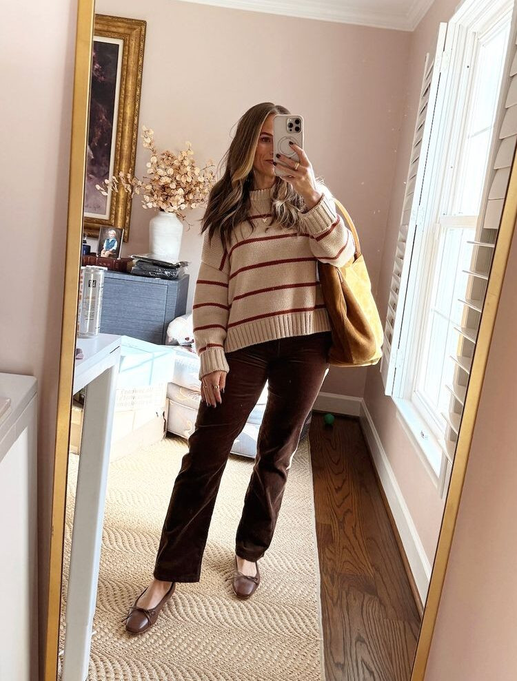 Striped Knit Sweater with Velvet Trousers and Ballet Flats — Dressy Casual Outfits