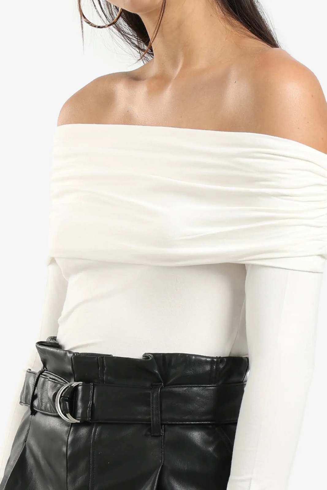 White Draped Off-the-Shoulder Top with Black High-Waisted Trousers — Off the Shoulder Tops