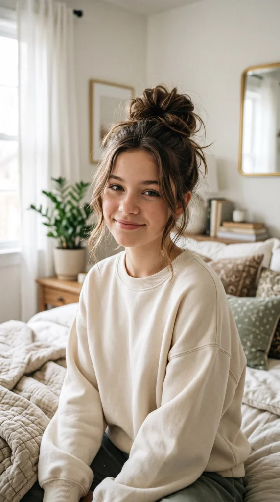 Messy Bun With Face-Framing Tendrils Messy Bun With Face-Framing Tendrils — High School Hairstyles