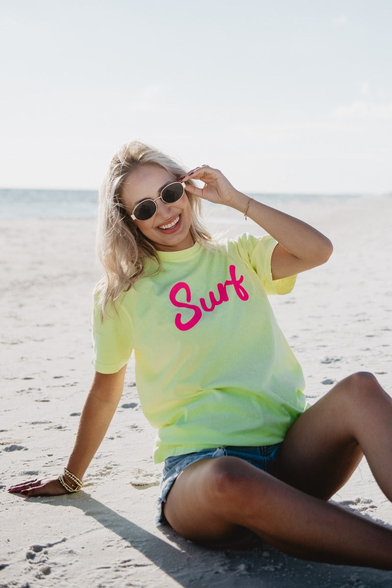 Neon 'Surf' Graphic T-Shirt with Denim Shorts — Surfer Girl Outfits
