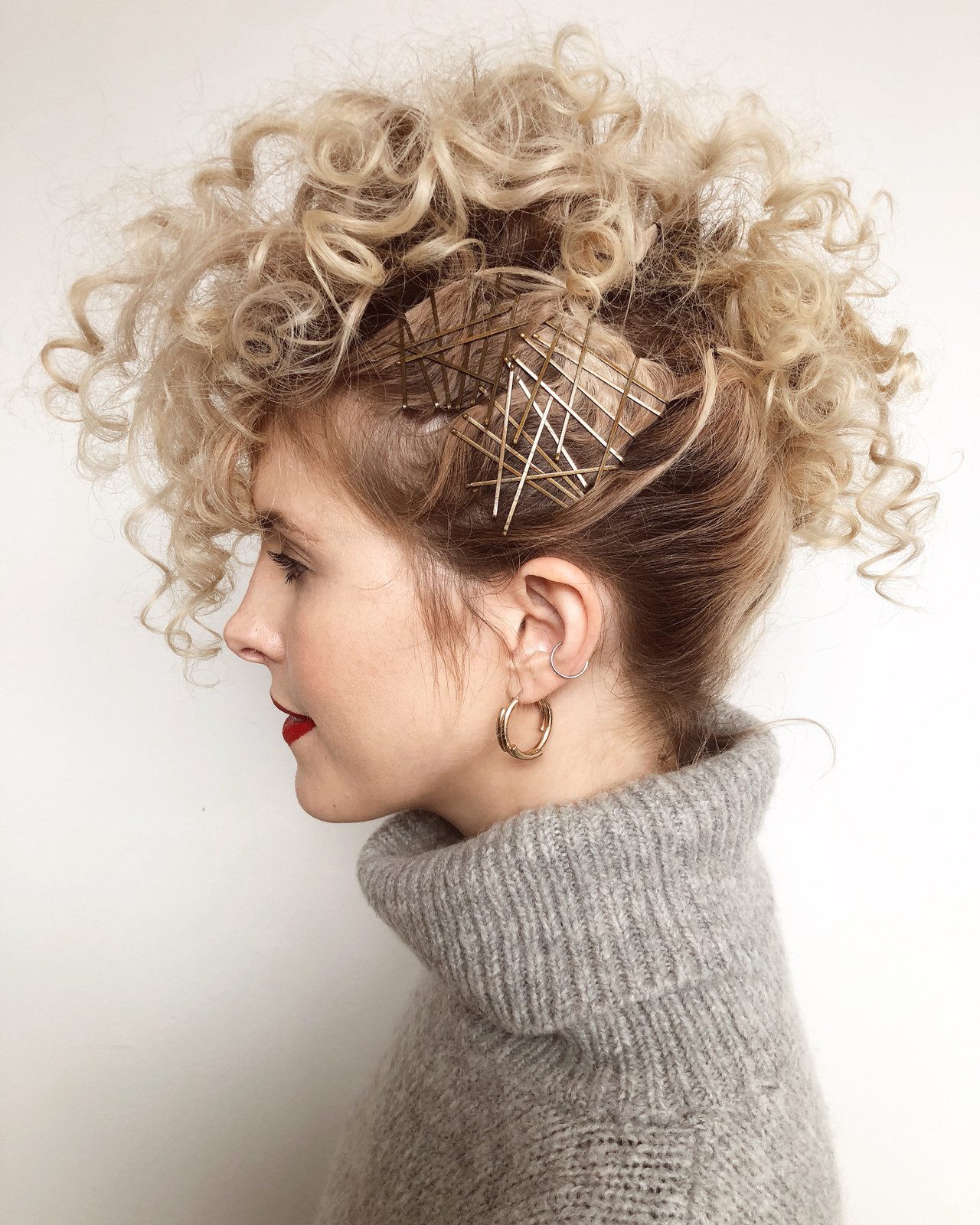 Mid-Back Platinum Curls with Geometric Pins Mid-Back Platinum Curls with Geometric Pins — Bobby Pin Hairstyles