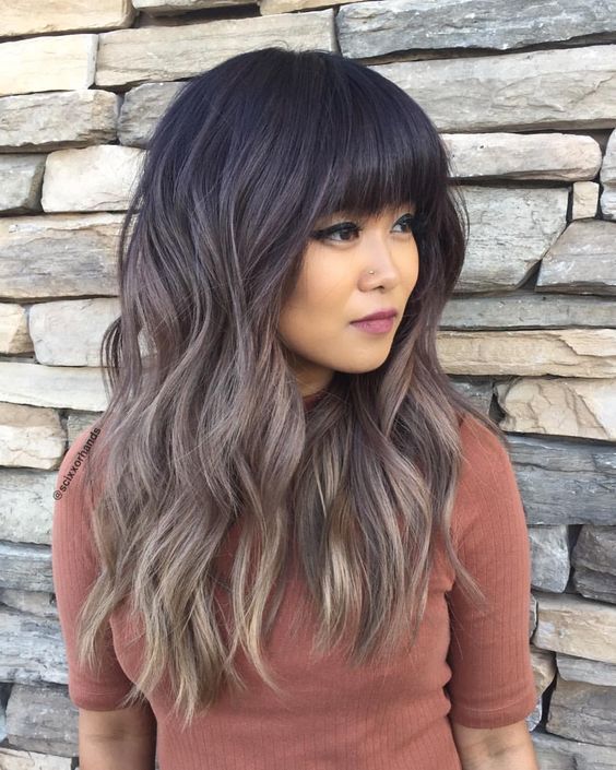 Collarbone Dark Brown With Ash Blonde Balayage and Full Bangs Collarbone Dark Brown With Ash Blonde Balayage and Full Bangs — Hair Color for Cool Skin Tone