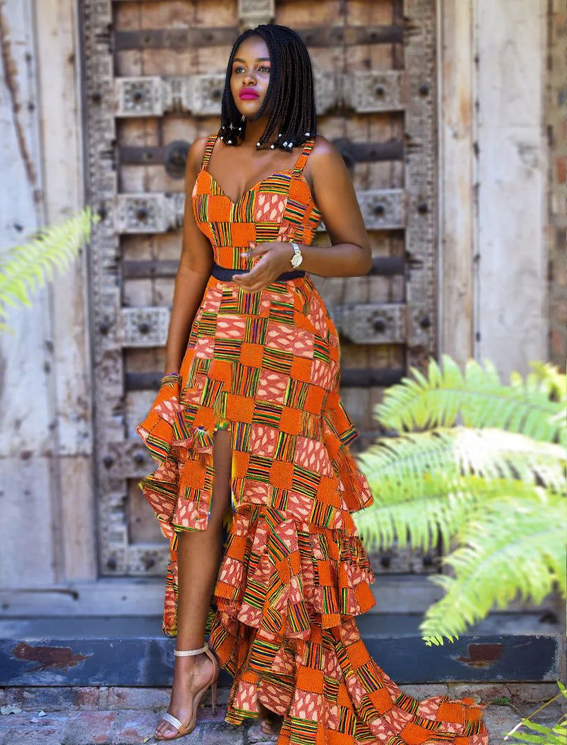 High-Low Maxi Dress with Tiered Ruffles for Parties — African Print Dresses
