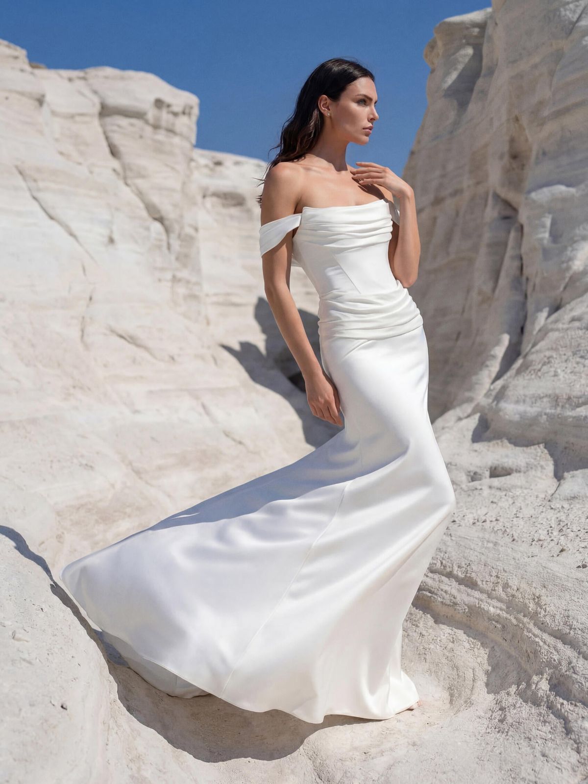 White Satin Wedding Dress with Ruched Bodice and Flowing Train White Satin Wedding Dress with Ruched Bodice and Flowing Train — Mermaid Dresses