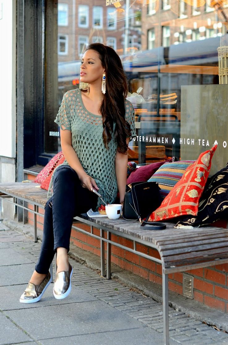 Edgy Crossbody Bag with Olive Knit Top and Silver Sneakers — Michael Kors Bag Outfits