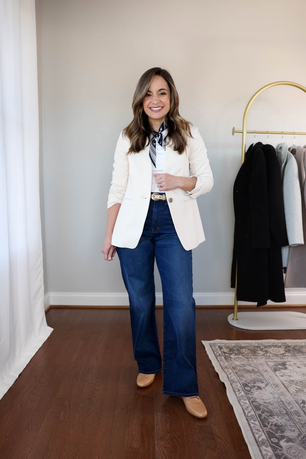 Smart Casual Blend: Tan Loafers with Wide Jeans, Cream Blazer, and Striped Scarf — Loafers with Jeans Outfits