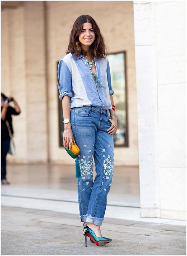 Embellished Jeans, Striped Shirt, and Metallic Heels — Heels with Jeans Outfits