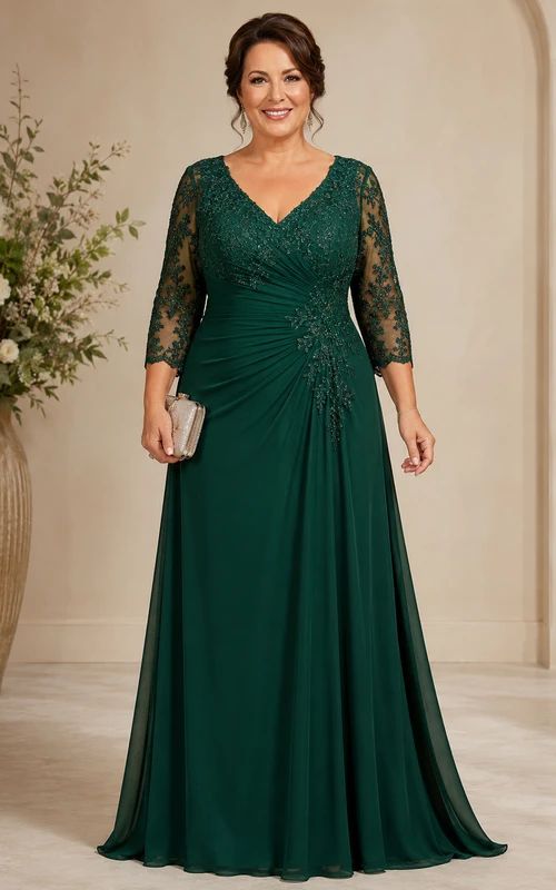 Emerald Green Chiffon A-Line Dress with Lace Sleeves Emerald Green Chiffon A-Line Dress with Lace Sleeves — Mother of the Bride Outfits
