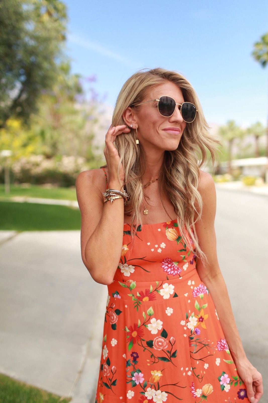 Vibrant Floral Print Fit-and-Flare Dress for Summer Days Vibrant Floral Print Fit-and-Flare Dress for Summer Days — Palm Springs Outfits