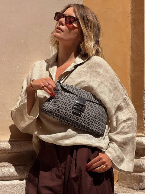 Monogram Chic: Grey Fendi Baguette with Linen Shirt Monogram Chic: Grey Fendi Baguette with Linen Shirt — Baguette Bag Outfits