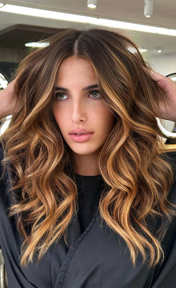 Side-Swept Bangs Visual Idea Side-Swept Bangs Visual Idea — Caramel Highlights