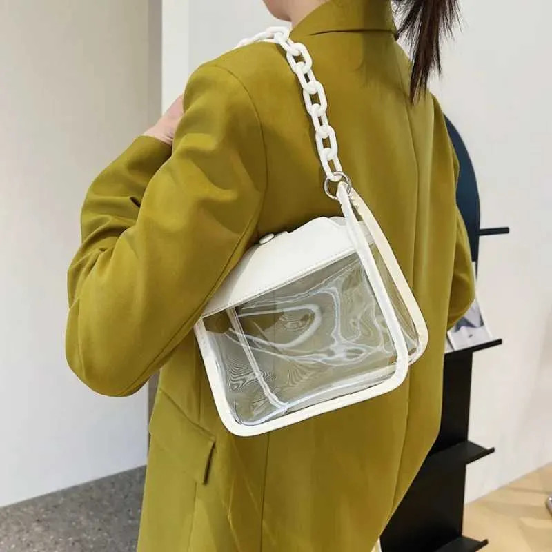 Polished Touch: Clear Crossbody with Blazer and Chain Strap — Clear Bag Outfits