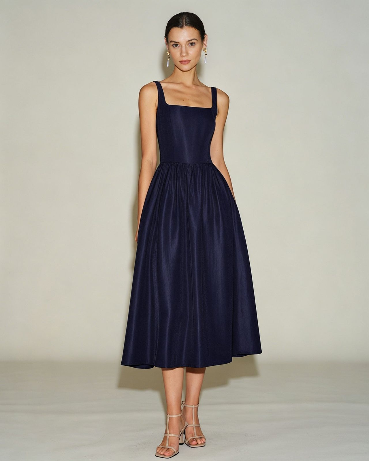 Navy Blue Square Neck Midi Dress: Structured Elegance Navy Blue Square Neck Midi Dress: Structured Elegance — Date Night Dresses