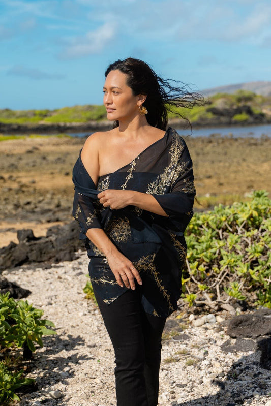 Black Gold Print Off-Shoulder Top for Beach Evenings Black Gold Print Off-Shoulder Top for Beach Evenings — Oahu Outfits