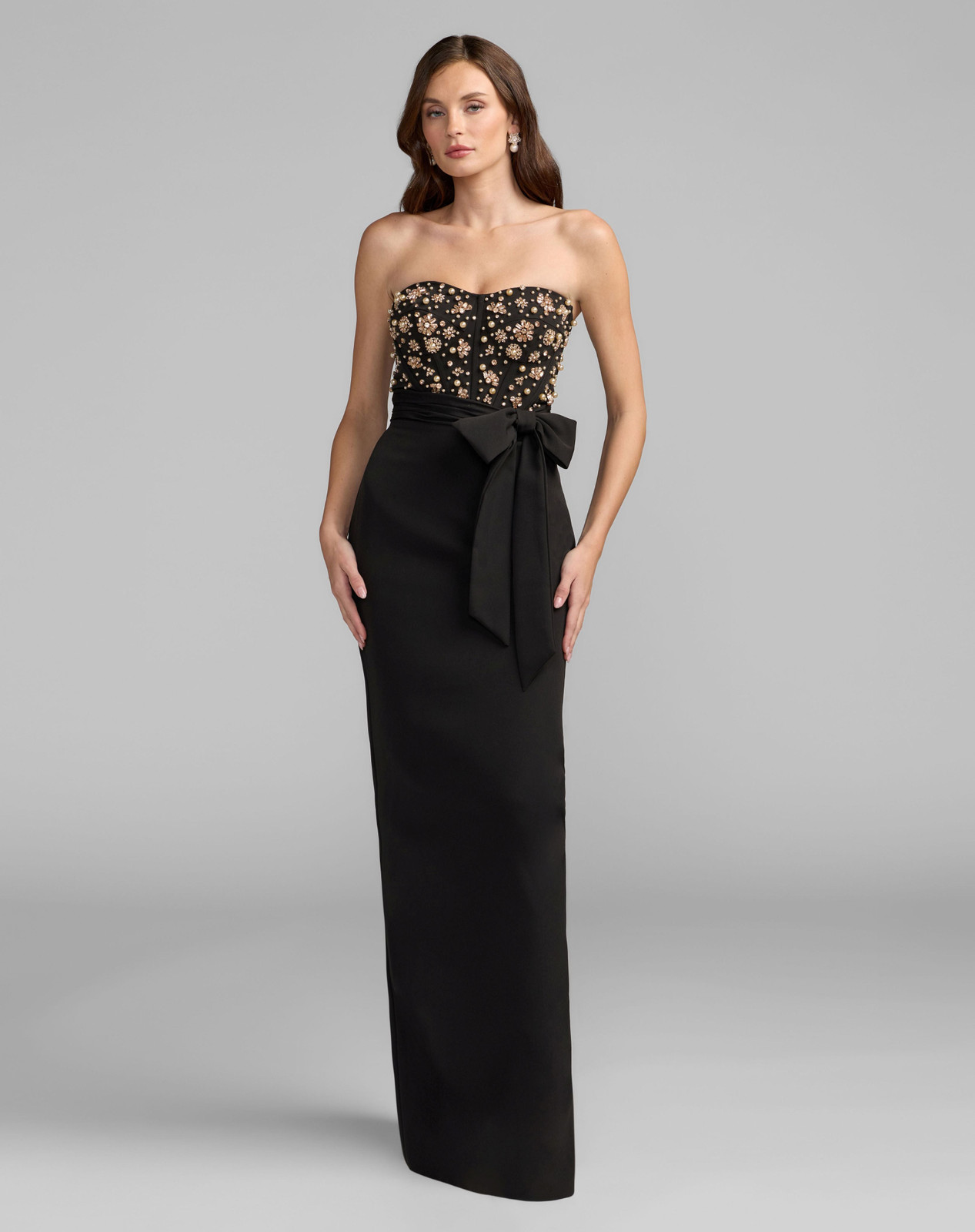 Black Embellished Strapless Gown with Satin Column Skirt — Strapless Dresses