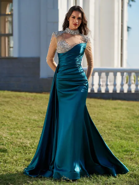Teal Satin Mermaid Gown with Beaded Illusion Neckline Teal Satin Mermaid Gown with Beaded Illusion Neckline — Formal Dresses