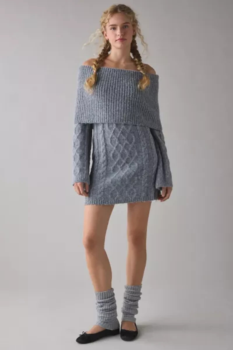Off-Shoulder Sweater with Cable Knit Mini Dress and Leg Warmers Off-Shoulder Sweater with Cable Knit Mini Dress and Leg Warmers — Urban Outfitters Outfits