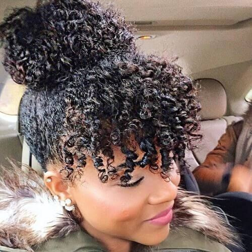 Collarbone High Voluminous Bun With Curly Bangs — Natural Hair Bun