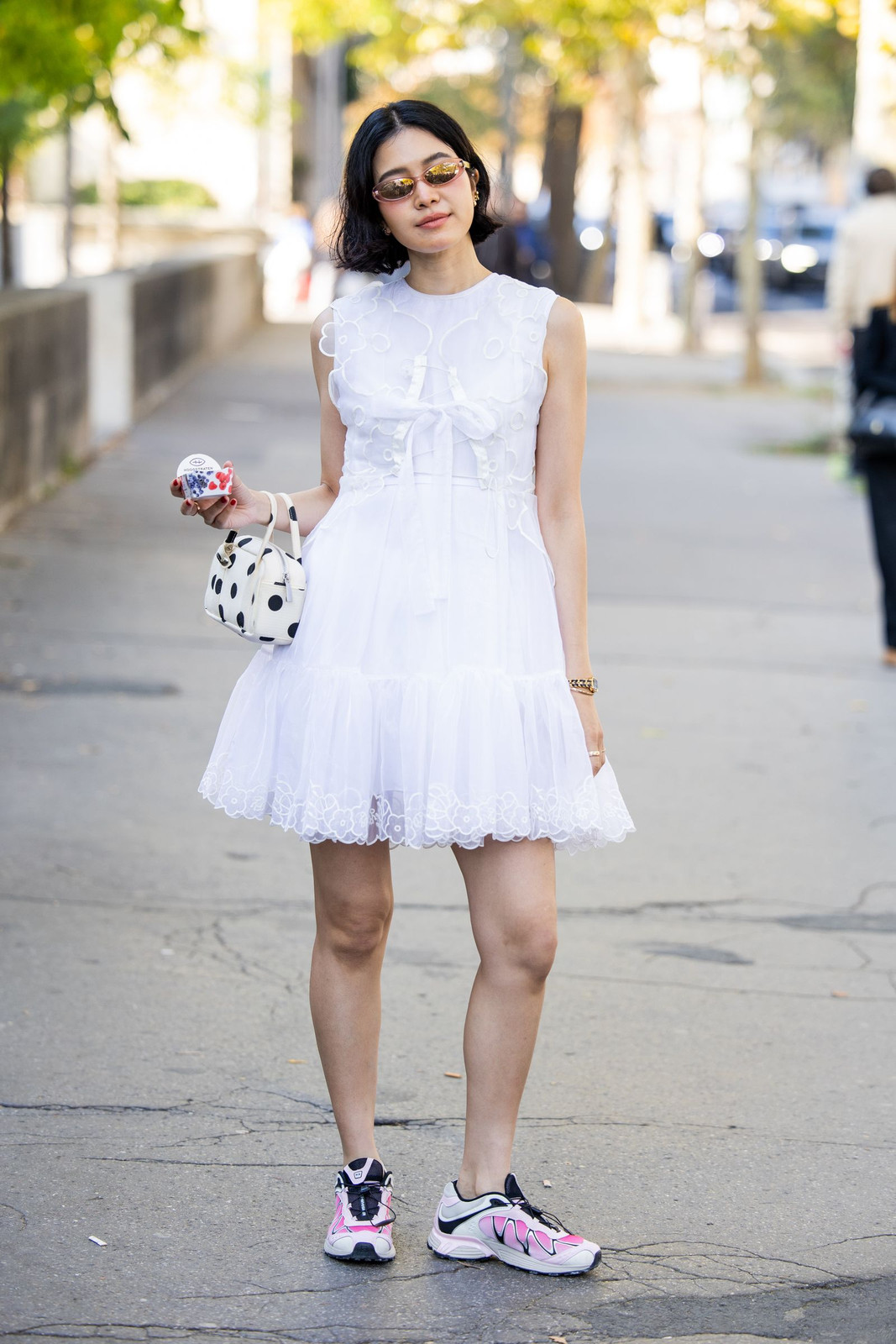 Tiered White Dress with Playful Pink and White Sneakers — Retro Sneakers Outfits
