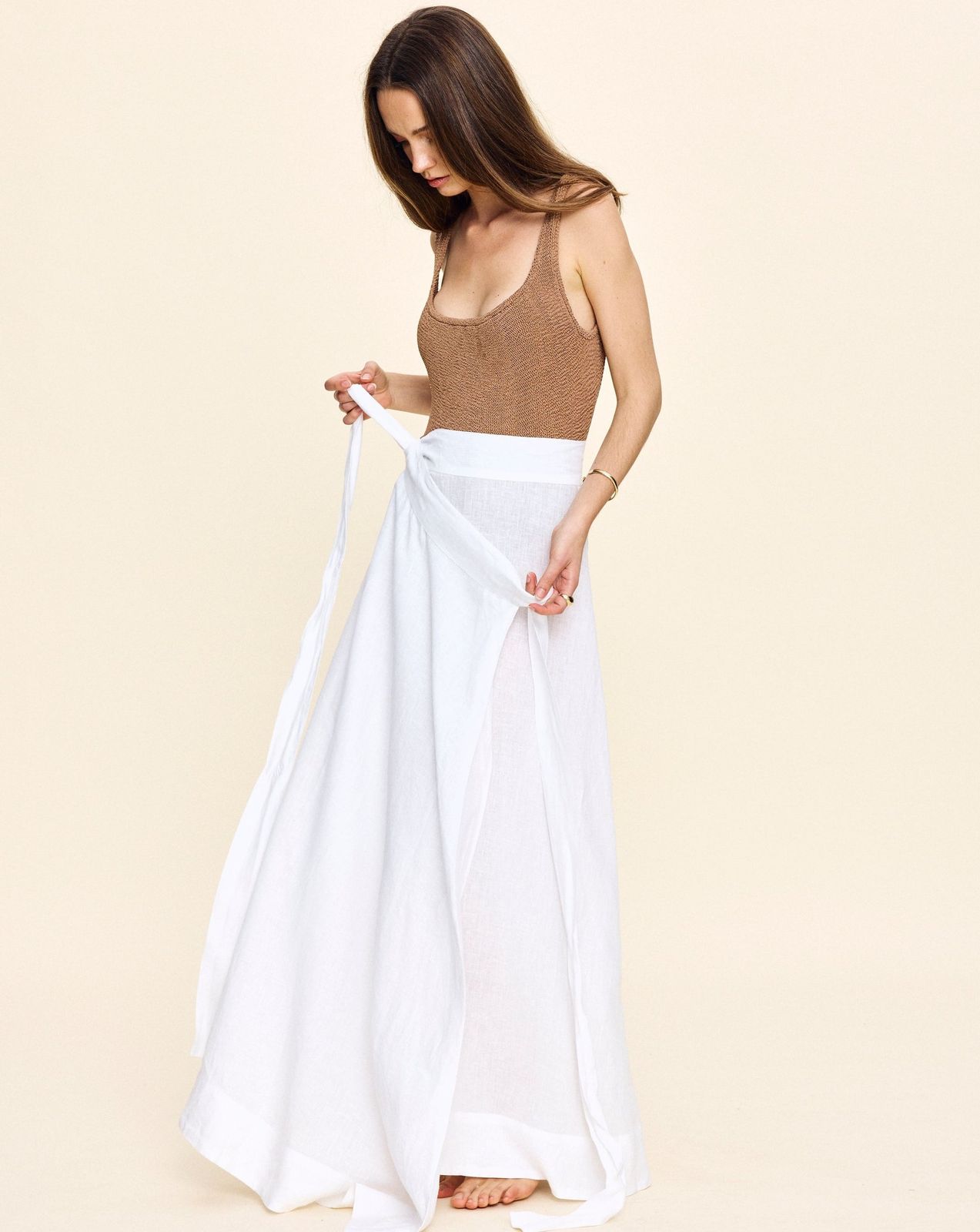 White Linen Wrap Maxi Skirt with Textured Top White Linen Wrap Maxi Skirt with Textured Top — Wrap Skirt Outfits