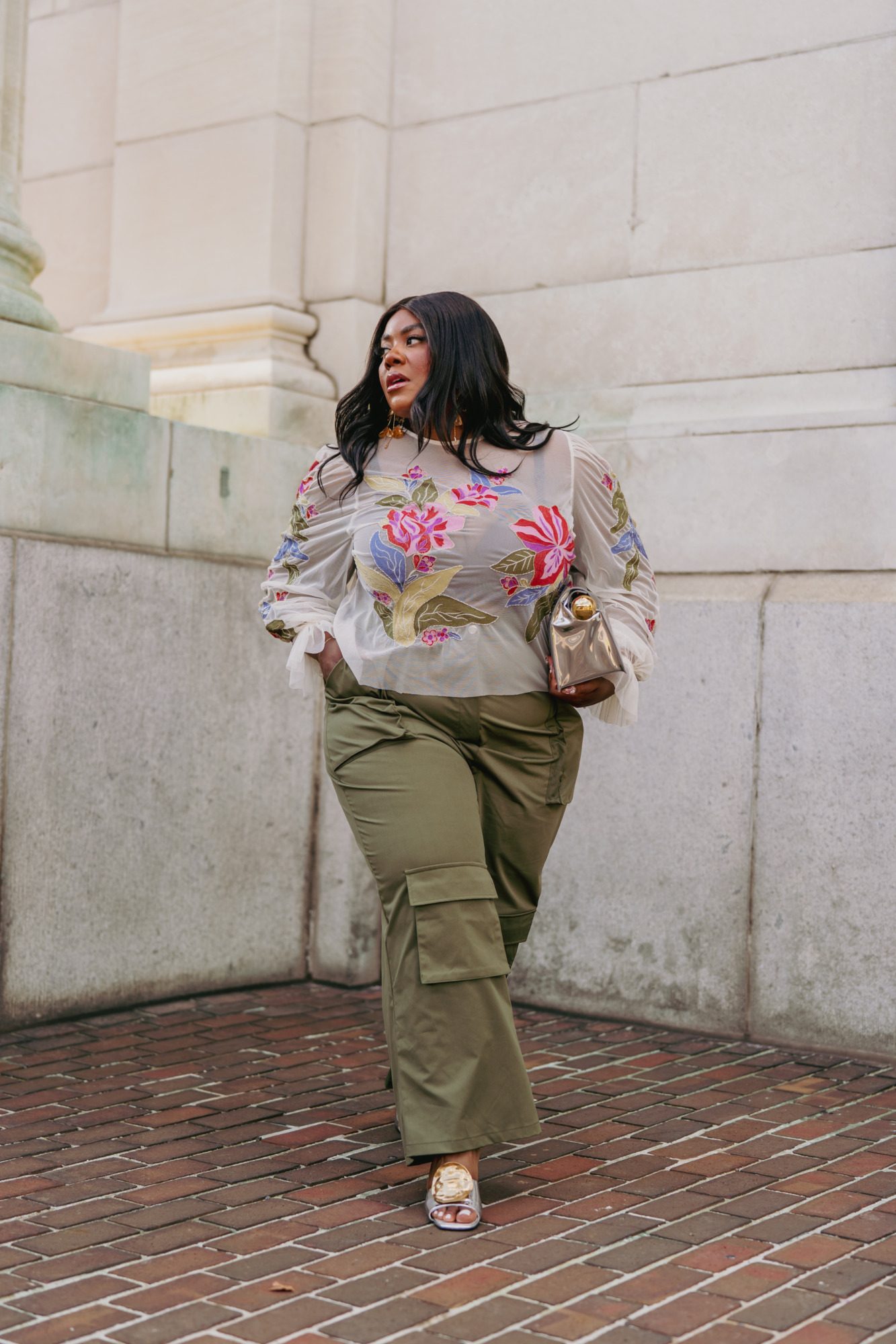 Olive Green Cargo Pants With a Sheer Floral Blouse — Cargo Pants Outfits