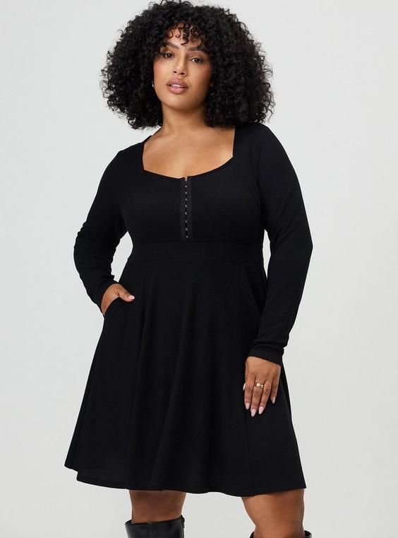 Ribbed Knit Black Skater Dress with Pockets for Everyday Ribbed Knit Black Skater Dress with Pockets for Everyday — Skater Dresses