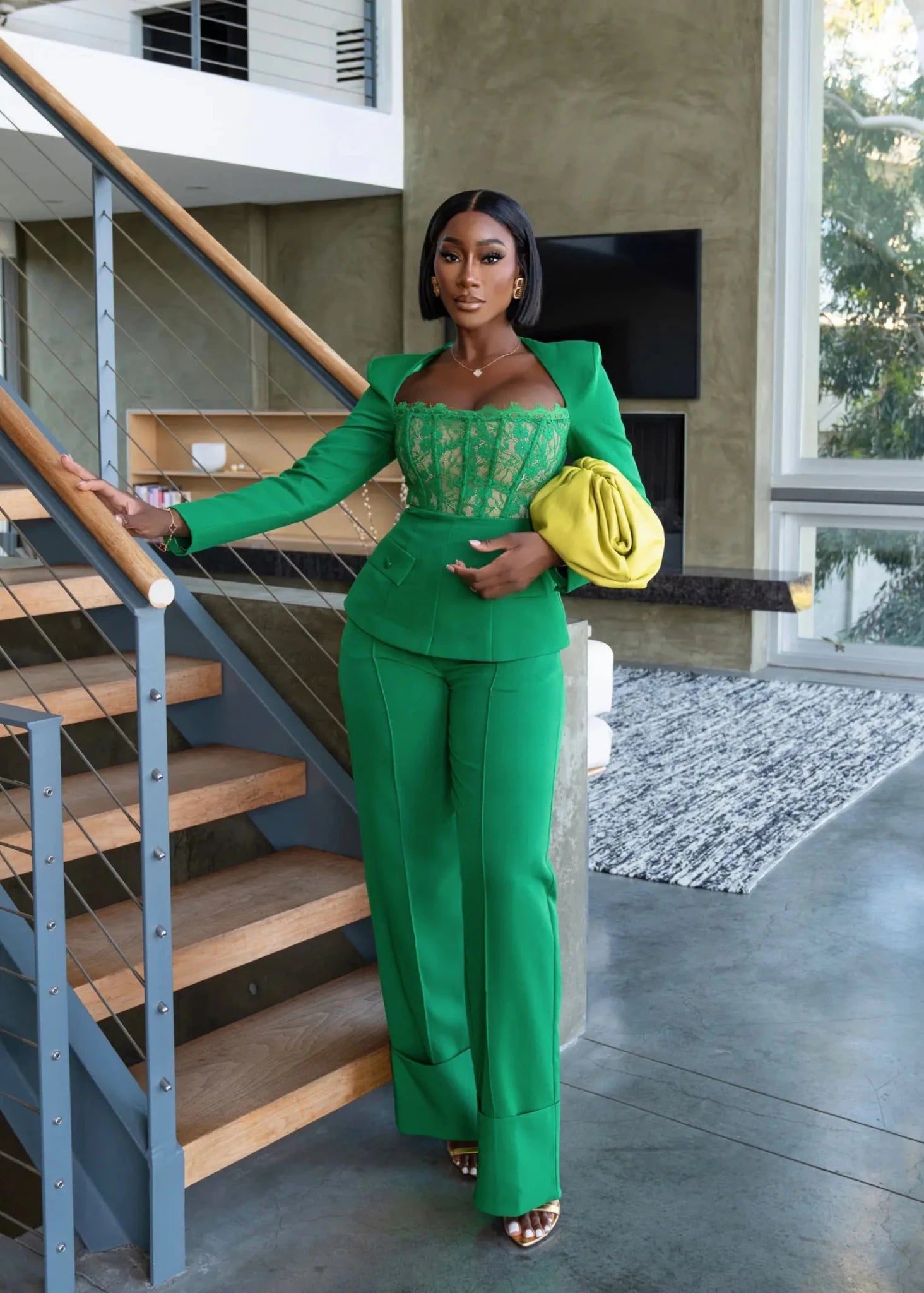 Power Dressing: Green Lace Corset with Matching Suit — Corset Outfits