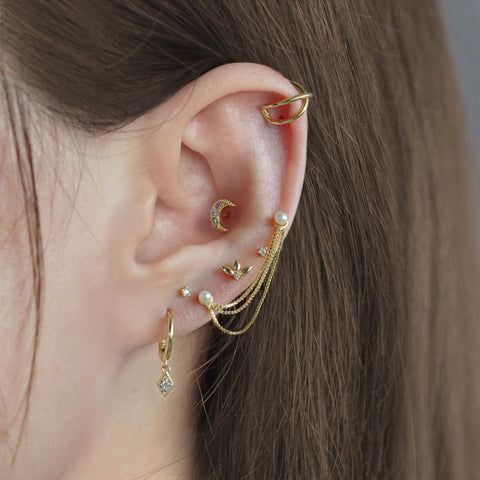 Delicate Gold Piercings Featuring Moon and Floral Motifs Delicate Gold Piercings Featuring Moon and Floral Motifs — Ear Piercing Ideas