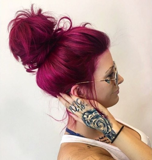 Thick Wavy Magenta Messy Bun — Magenta Hair
