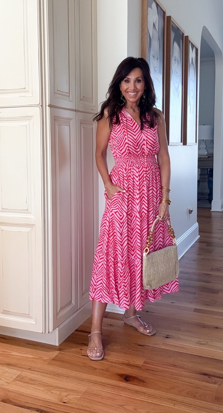 Vibrant Pink and White Chevron Print Tiered Midi Dress Vibrant Pink and White Chevron Print Tiered Midi Dress — Dresses for Women Over 40