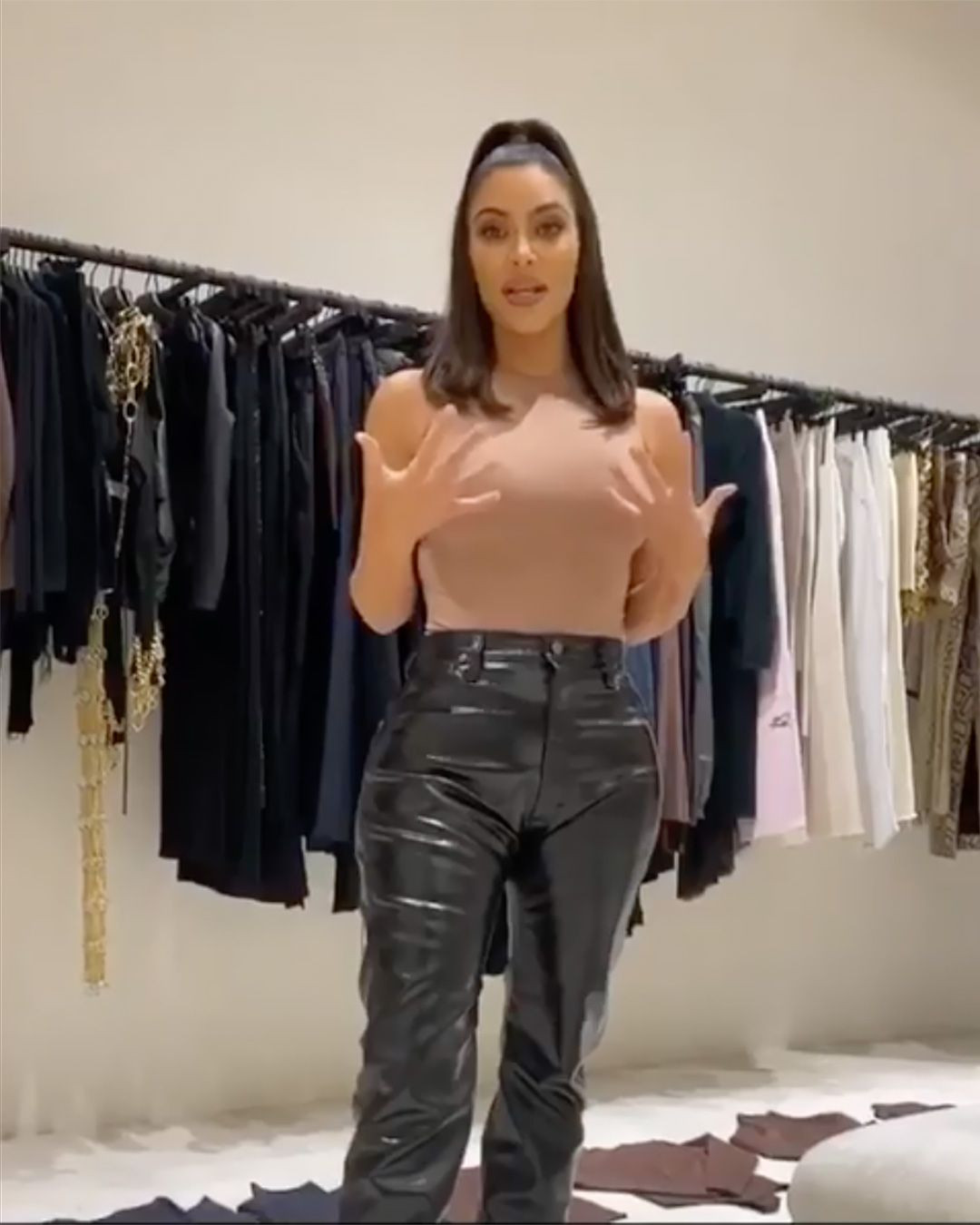 Edgy Monochrome: High-Neck Bodysuit with Vinyl Pants — Skims Outfits