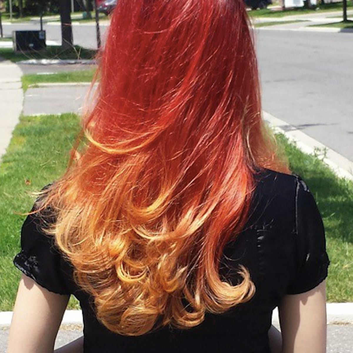 Back View Ombre Fire Red to Orange Waves — Fire Red Hair