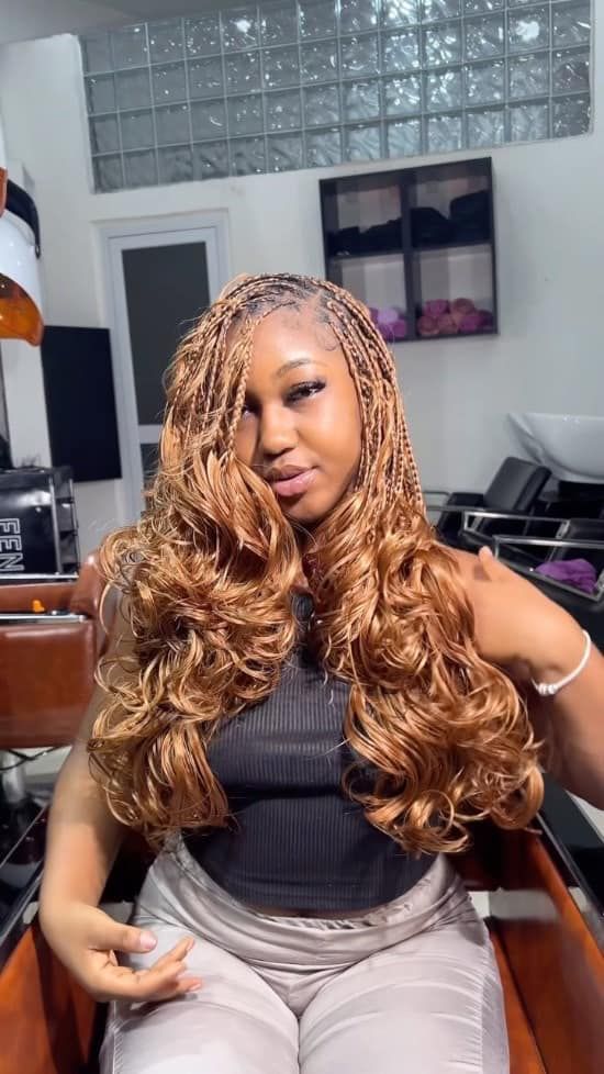Light Brown Box Braids With Wavy Ends — Layered Braids