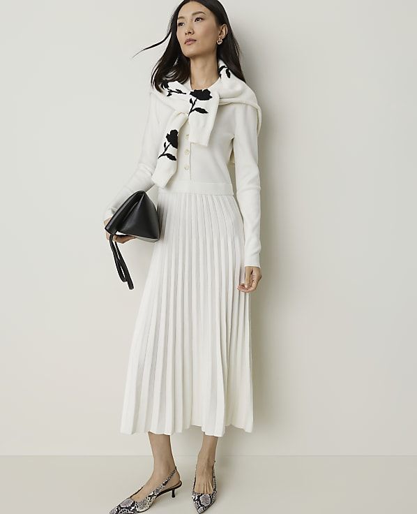 Pleated Midi Skirt with Cardigan for Smart Casual — Dresses for Short Women