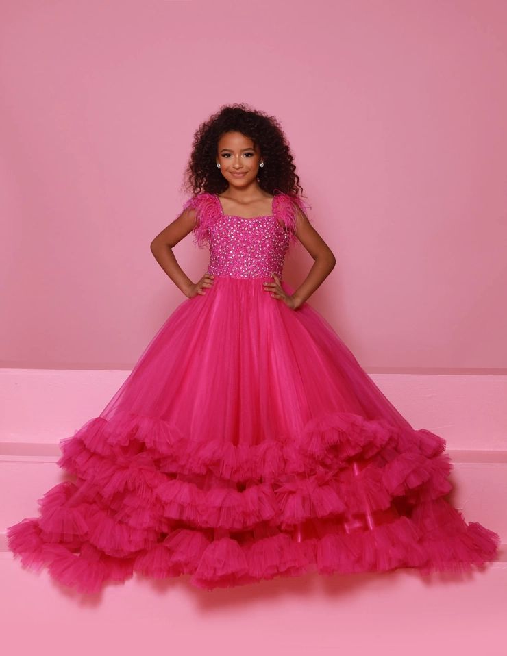 Hot Pink Tulle Ballgown with Feathered Shoulders and Tiered Skirt Hot Pink Tulle Ballgown with Feathered Shoulders and Tiered Skirt — Pageant Dresses