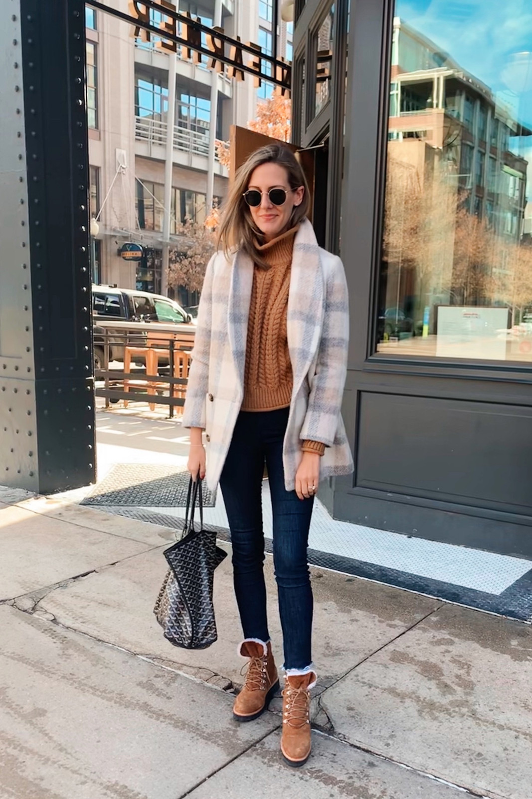 Plaid Wool Coat Over Cable Knit Turtleneck for Casual Exploration — Colorado Outfits